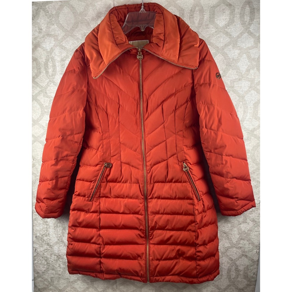Michael Kors Puffer Coat Women Medium Orange Down Chevron Winter Jacket Long